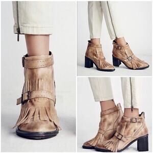 Womens Free People Kiltie Fringe Distressed Ankle Leather Booties 38  US 8